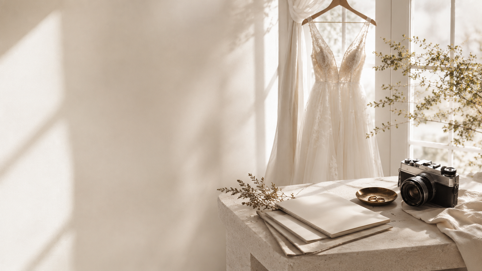 A wedding dress hanging by a sunlit window, with a vintage camera and brass ring dish nearby